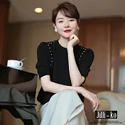 【Jilli~ko】韓版溫柔風珍珠泡泡袖針織衫 J10260  FREE 黑色