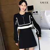【AMIEE】時尚撞色假兩件連身洋裝(KDDQ-367) M 黑白撞色