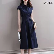 【AMIEE】氣質OL風立體剪裁襯衫洋裝(KDD-6454) M 藏青色