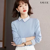 【AMIEE】翻領拼接時尚七分袖上衣(KDT-6019) XL 淺藍色