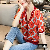 【Jilli~ko】V領花邊鮮豔花朵圖案薄款針織衫 J10221  FREE 橘紅色
