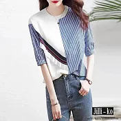【Jilli~ko】假兩件藍色條紋設計感拼接針織衫 J10138  FREE 藍色