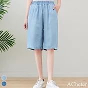 【ACheter】 冰天絲牛仔薄款寬鬆柔軟直筒鬆緊腰五分褲顯瘦闊腿牛仔短褲 # 116718 2XL 藍色