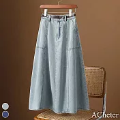 【ACheter】 A字大擺牛仔藏青色顯瘦長裙附腰帶 # 116731 2XL 藍色