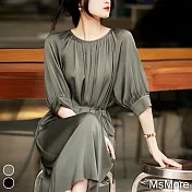 【MsMore】 藝術系畫瑩潤光澤雙喬緞圓領七分公主袖中長版洋裝 # 116746 M 綠色