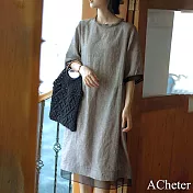 【ACheter】 韓式文藝千鳥格棉麻連身裙寬鬆顯瘦圓領七分袖A字長版洋裝 # 116757 M 格子
