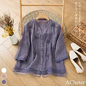【ACheter】 拼接蘆麻文藝小清新刺繡V領高端短版氣質上衣 # 116653 M 紫色