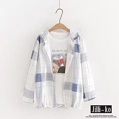 【Jilli~ko】日系點點格紋不規則拚色連帽襯衫 J10311 FREE 白色
