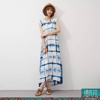 潘克拉 | 藍染方格幾何壓紋夏季縲縈背心裙 TM1383  FREE 藍色