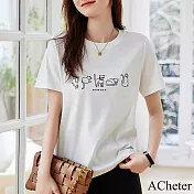 【ACheter】 圓領短袖T恤減齡氣質短袖休閒貓咪短版上衣 # 116423 XL 白色