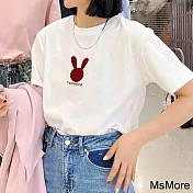 【MsMore】 日式兔影印花棉大碼園領短袖T恤短版上衣 # 116456 M 白色