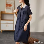 【MsMore】 翻領條紋撞色拼接寬鬆顯瘦休閒短袖連身中長版洋裝 # 116499 XL 藏青