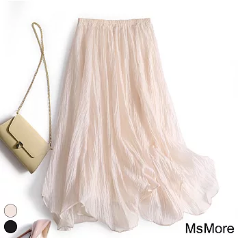 【MsMore】 珠光輕奢大擺裙氣質法式中長款高腰不規則A字長裙 # 116523 FREE 米白