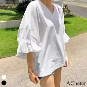 【ACheter】 日韓系寬鬆純色V領蝙蝠型娃娃衫燈籠短袖休閒寬鬆短版上衣 # 116818 FREE 白色