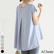 【ACheter】 日系後背開叉荷葉後背釘珠圓領無袖小短袖寬鬆短版上衣 # 116821 FREE 藍色