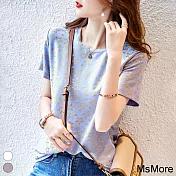 【MsMore】 短袖t恤減齡寬鬆設計感圓領星星印花燙金短版上衣 # 116838 2XL 藍色