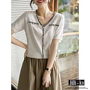 【Jilli~ko】小香風粗花呢簇絨珍珠扣針織衫 J10295 FREE 白色