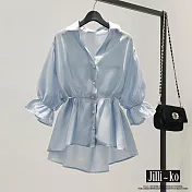【Jilli~ko】氣質雪紡荷葉邊繫帶束腰娃娃襯衫 J10315  FREE 淺藍色