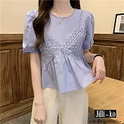 【Jilli~ko】蕾絲拼貼造型泡泡袖氣質娃娃衫 J10081 FREE 藍色
