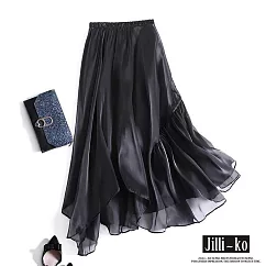 【Jilli~ko】歐根紗光澤感細節褶襇鬆緊腰長裙 J10316 FREE 黑色