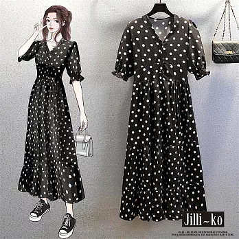 【Jilli~ko】V領波點印花包扣泡泡袖高腰連衣裙 J10358  FREE 黑色