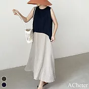 【ACheter】 日系簡約百搭圓領撞色拼接寬鬆過膝長版大擺棉麻背心連身裙洋裝# 116849 FREE 藍色