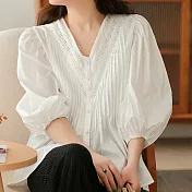 【ACheter】 棉風琴V領燈籠七分袖蕾絲拼接寬鬆純色襯衫短版上衣# 116863 XL 白色