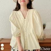 【ACheter】 棉風琴V領燈籠七分袖蕾絲拼接寬鬆純色襯衫短版上衣# 116863 M 黃色