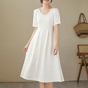 【ACheter】 韓版時尚氣質顯瘦A字長裙短袖圓領連身裙洋裝# 116864 XL 白色