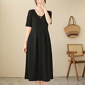 【ACheter】 韓版時尚氣質顯瘦A字長裙短袖圓領連身裙洋裝# 116864 M 黑色
