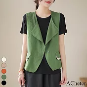【ACheter】 背心新款上衣外套純色原創顯瘦無袖坎肩寬鬆棉麻背心短版外套# 116887 XL 綠色