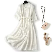 【ACheter】 V木耳領連身裙大碼春夏顯瘦棉麻復古短袖長版洋裝# 116916 M 白色