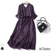 【ACheter】 V木耳領連身裙大碼春夏顯瘦棉麻復古短袖長版洋裝# 116916 XL 紫色