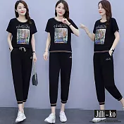 【Jilli~ko】兩件套印花休閒寬鬆抽繩運動套裝 J10036  FREE 黑色