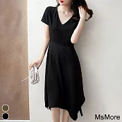 【MsMore】 純色V領不對稱剪裁設計感連身裙V領短袖長版洋裝 # 116879 2XL 黑色