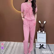 【MsMore】 粉色小香風運動套裝亮片刺繡連帽短袖長褲兩件式套裝# 116991 2XL 粉紅色