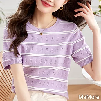 【MsMore】 溫柔風撞色條紋針織衫薄款圓領短袖冰絲寬鬆百搭上衣# 117005 FREE 紫色