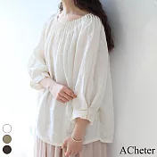 【ACheter】 文藝氣質重工打褶寬鬆舒適棉麻領七分袖短版上衣# 117023 FREE 白色