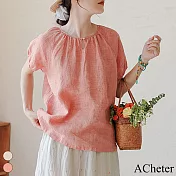 【ACheter】 淑婉減齡氣質圓領色織細格棉麻寬鬆短袖天然短版上衣# 117019 FREE 紅色