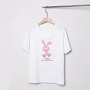 【MsMore】 粉紅兔兔圓領大碼純棉短袖T恤圓領寬鬆短版上衣# 117202 M 白色