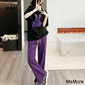 【MsMore】 葡萄紫休閒運動套裝寬鬆時尚圓領俏麗顯瘦短袖寬版長褲兩件式套裝# 116995 L 紫色
