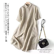 【慢。生活】日系棉麻復古格子寬鬆長款連衣裙 51680  FREE 杏色