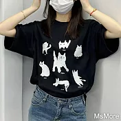 【MsMore】 小貓表情插畫圓領短袖黑色短版T恤抖音爆款短版上衣# 117253 M 黑色