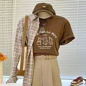 【MsMore】 3隻萌兔春夏純棉大碼圓領短袖T恤寬鬆短版上衣# 117256 M 棕色