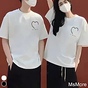 【MsMore】 情侶抖音爆款純棉大碼圓領短袖短版寬鬆T恤愛心上衣# 117261 M 白色