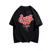 【MsMore】 夏日玫瑰花束印花圓領大碼短袖寬鬆百搭T恤短版上衣# 117265 M 黑色