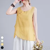 【ACheter】 背心斜襟文藝復古薄款寬鬆時尚圓領氣質短版上衣# 117146 M 黃色