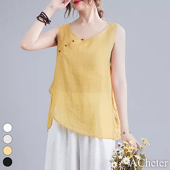 【ACheter】 背心斜襟文藝復古薄款寬鬆時尚圓領氣質短版上衣# 117146 M 黃色