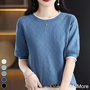 【MsMore】 夏季新款拼色針織圓領短袖菱形百搭寬鬆短袖短版上衣# 117303 FREE 藍色