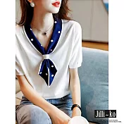 【Jilli~ko】薄款V領波點繫帶短袖冰絲針織衫 J10356  FREE 白色